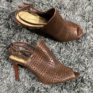 Antonio Melani open toed booties sling back with double ankle closure. Size 7.5